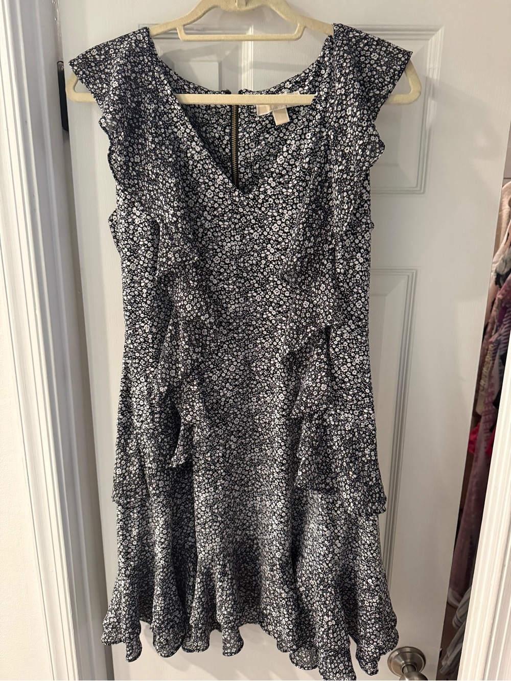 Michael Kors Black Floral Ruffle V-Neck Dress